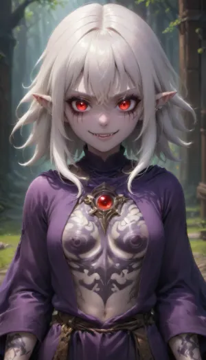 1 girl, dark mage, warlock, white hair, long straight hair, red eyes, fangs, pointed ears, dark purple long robe. smile on face, thoughtful face, poor pale skin, medium length hair, lots of tattoos, lots of piercings