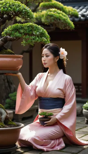 Photorealistic image, Ibeautiful Japanese woman, 25 years old, giant massive very sagging breasts, traditional Japanese hair and makeup, kneeling, luxurious pink silk kimono open, (nude breasts:1.1), ((watering a potted bonsai tree in a blooming garden)), . only one image, super detailed photorealistic image, the whole body in the frame, 8K quality.