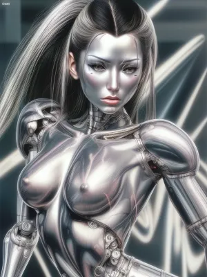 Brunetka 25 lat, nude, silver skin, style haime sorayama art, woman-cyborg, metal skin, cyborg woman, steel skin, FastNegativeV2, BadDream, Perfect face, <lora:more_details:.8>