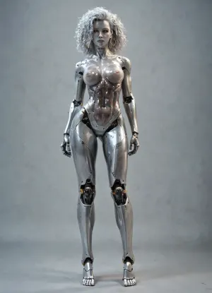 Brunetka 25 lat, nude, silver skin, style haime sorayama art, woman-cyborg, metal skin, cyborg woman, steel skin, FastNegativeV2, BadDream, Perfect face, translucent, transparent, full body, <lora:sdxl_glass:.8>