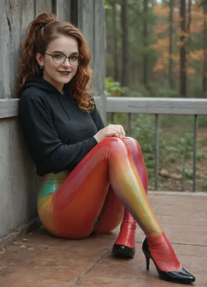 Redhead woman, wavy hair, rainbow latex bodysuit, black lipstick, smile, autumn forest mountains in background
A photo of a beautiful woman wearing a black hoodie, glasses, and stockings with small dots, lying down in the corner of a kitchen floor, leaning against the wall with her legs crossed. Behind her is an industrial oven with some dough inside it, and the white walls of a restaurant background. She has straight, black hair in a ponytail hairstyle and is wearing high heels