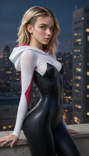 night, clear weather, (((18 years old))), (((young))), (spider girl Gwen Stacy), Braided side Side Cornrows Hair, (tight outfit), athletic body, hood on head, hip gap, (narrow waist:1.5), (blonde with pink strands), climbs to the roof of a high-rise building, New York day, ((pussy cameltoe:.6)), (wet:1.5), (wet tight bodysuit:1.3), hand, <lora:HandFineTuning_XL:1>, <lora:MGLRbodysuit_sdxl:.6>, <lora:uberfit_lora_sdxl:.4>, 1girl, ((side view, view from side)), sitting on her knees