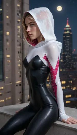 night, clear weather, (((18 years old))), (((young))), (spider girl Gwen Stacy), Braided side Side Cornrows Hair, (tight outfit), athletic body, hood on head, hip gap, (narrow waist:1.5), (blonde with pink strands), climbs to the roof of a high-rise building, New York day, ((pussy cameltoe:.6)), (wet:1.5), (wet tight bodysuit:1.3), hand, <lora:HandFineTuning_XL:1>, <lora:MGLRbodysuit_sdxl:.6>, <lora:uberfit_lora_sdxl:.4>, 1girl, ((side view, view from side)), sitting on her knees