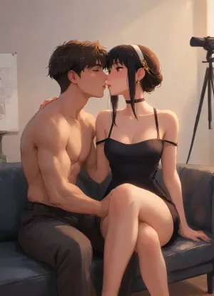 Portrait, Front view, Office room, plain background, Yor Briar, large breast, large African man, dark-skinned male, muscular man, man sitting next to Yor, kissing, black leather couch, sitting, slutty outfit, camera on tripod, excited, porn casting, score_9, score_8_up, score_7_up, <lora:samdoesarts1.1-000030:.3>, <lora:J_cartoon:.4>, <lora:Animated_Concept:.3>