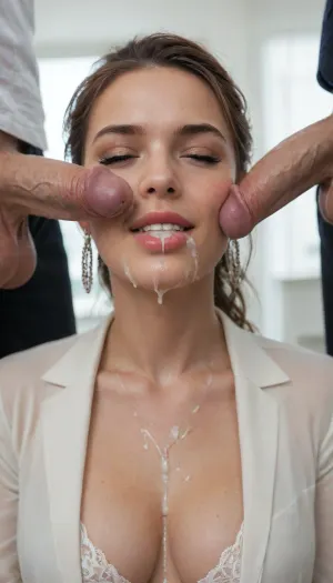 1woman, 2men, very cute short 20 year old girl, happy, formal elegant haircut, eyes almond shaped, dark shiny eyes slightly rolling, very long fake eyelashes, dark eyeliners, (smile:.6), (eyes closed:1.2), skin imperfections, very realistic skin texture, red cheeks, perfect tits, sweating, top less, (((white huge natural cock and testicles), cum in mouth, cum string, cum on tits, cum on face, facial, cum on cleavage)), very detailed realistic highest resolution, view from front, (((view from distance))), in office, <lora:283625_training_data:.5>