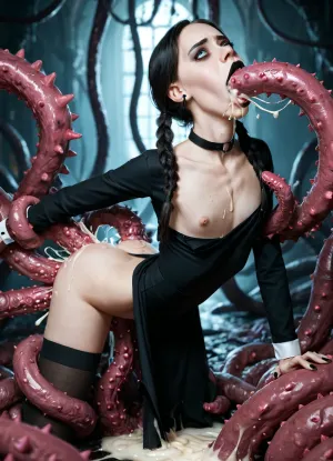 ((young adult girl 18 year old, Wednesday Addams, fucked in ass side front view in cum lair)), ((flat chest)), bent over roughly by force, giant tentacles, legs pulled by multiple beast clawed spiked barbed giant tentacles, raped by large barbed spiked clawed tentacle monsters, black long platted pigtails hair, black lipstick, ((extremely skinny)), long black dress with high white collor black stockings and garterbelt, one breast falling out, ((a gigantic clawed spiked barbed tentacle monster is aggressively fucking her from behind and holding her with spiked clawed barbed tentacles in a cum pit lair)), (triple penetration), ((detail tentacle fucking her mouth)), tongue out, ((extremely intensely bored facial expression)), ((anxious)), side view, wet, eyeliner, emo, makeup, goth
