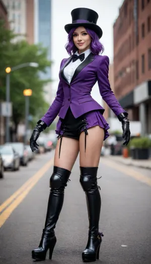 Very aesthetic, foreshortening, unique angle, posing, solo, Cool robot design, joints, female, robot, Magician's suit, suit, bow tie, top hat, skirt, purple hair, long hair, boots, high boots, gloves, mile, magician aesthetic, smile, robot skin, lines over body