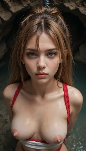 glowing shiny hair, extremely beautiful japanese face, mai shiranui, asuka Langley, orgasm, tired, drooling, (sweaty:1.3), restrained nipples held up, above the water in cave, look at viewer