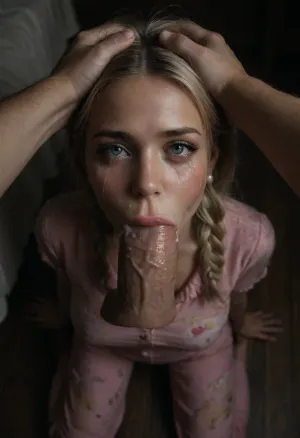 ((Insanely hot very busty very skinny blonde college student twins kneeling in a messy pink bedroom sucking viewer's cock)), ((viewer's hands on her head)), ((bimbo)), ((enormous huge gigantic firm boobs)), blonde braided hair, ((sad look in eyes, crying, tears on cheeks)), ((deepthroat, cock balls deep in mouth)), ((pearl jewelry)), ((torn pink pajamas)), ((very close view from above)), ((cum on mouth)), <lora:dark:.8>