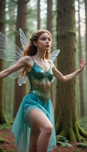 skinny tiny female forrest fairy flying near girls head