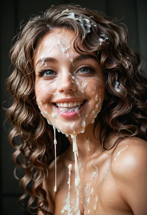 super close hot of bukkake, viewed from side and below breasts looking up, happy open smile, hd dark and detailed grey eyes and iris, ((long wavy hair)), excessive cumshots, facial portrait picture of her face in cum facial, with natural minimal makeup, (looking at viewer), a lot of Cum on her face and between her perky saggy pointy breasts, huge perky puffy areola and nipples, cum on her eyelashes, Cum on her eyelids, Cum on her cheek skin, her face wet with Cum, Cum on her pink lips. cum in her hair, cum in mouth, woman, cum, on, face, (styles, aged 37, older, 37yo), <lora:JustCum:1.3>, <lora:add-detail-xl:.1>
