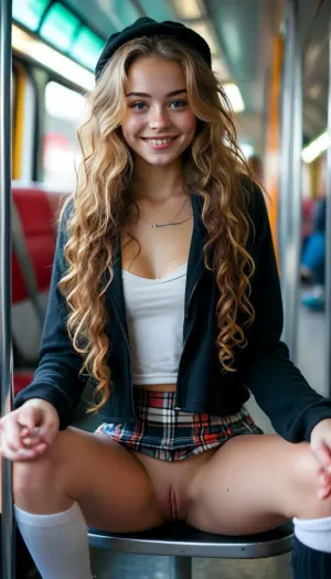 18 years old Irish girl, very sexy, skinny, angel face, very long curly hair, smiling laughs, wearing cropped black hoodie, Plaid mini skirt, white thigh-high socks, black boots, sitting on a bus seat in bus, (legs open:1.3), (no panties:1.3), view from opposite, other people sit nearby, <lora:BUT_SDXL_SHS:.8>, <lora:MJ52:.8>, <lora:DetailedEyes_V3:.8>, woman, squat, <lora:woman_squat_xl_lora-000031:.8>