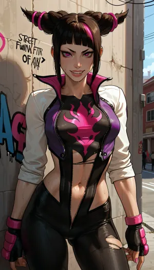 (masterpiece, best quality, highly detailed), high resolution, hires, score_9, score_8_up, score_7_up, score_6_up, ((Juri Han from Street Fighter)), incase, style, ratatatat74, solo, close up, fit, torn outfit, sweat, medium breasts, wide hips, thick thighs, eyes looking at viewer, grin, standing, legs spread, wall, graffiti, day, street, <lora:287175_training_data:1.5>, <lora:ratatatat74-000050:1.3>, <lora:outline_xl_kohaku_delta_spv5x:.3>