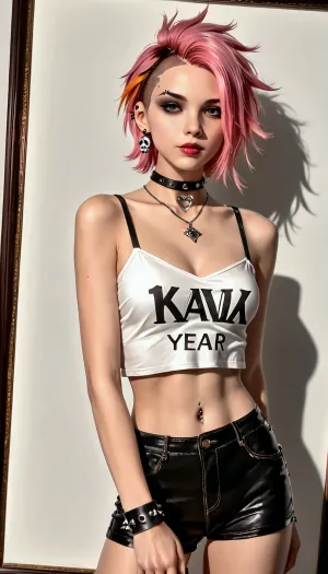 Emo girl, American, subculture, full height, long black and pink hair, orange highlights, themed accessories and jewelry, sexy clothing, relaxed sexy pose, emo-core, hardcore punk, complex, elegant, highly detailed, digital painting, artstation, concept art, smooth, sharp focus, photography, photo of the year, award-winning