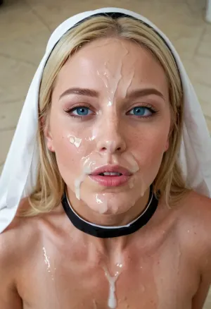 3/4 body shot happy Sexy blonde girl wearing catholic nun dress with cum on her forehead, The austere dress of a Catholic nun, ((in love)), deep blue perfect eyes, Catholic Crucifixion, semen drops on face and clothes, pleasure on face, flirting, realistic skin facial, (cum in mouth:1.3), ohwx, woman, <lora:Facials:.5>, <lora:JustCum:.5>, <lora:MiaMalkova:.8>
