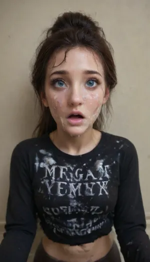 ((24yo model wearing a tight black skirt, pantyhose ripped open at pussy, back to viewer, bending over)), euro WOMAN, woman black hair, deep perspective, ((skinny face)), ((long messy tousled after sex hair frames her face)), tousled hair, blue eyes, skinny, perfect body, pov, looking up at viewer, eye contact, (detailed face:1.3), ((wearing a black t-shirt with the words "LOVE IT ROUGH" in white writing on the back of t shirt)), long sleeves, surprised, messy updo, mega, ponytail, bukkake, woman, cum, on, face, <lora:texta:.8>, <lora:xl_mega_ponytail-1.0:.5>, <lora:MS_Real_XL_Bukkake:.5>, <lora:JustCum:.5>