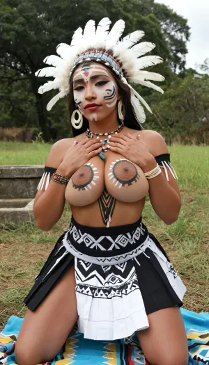 A strong and tall African black man with white patterns painted on his body wearing a Zulu grass ceremony skirt hugged A charming 18-year-old Native American beauty wearing a Feather headdress and Aztec Quechquemitl with big beautiful breasts and Ceremonial face/body paint, On the outdoor Maya altar，Large and black areola，Swollen nipple, lipstick, Black anus, Many moles