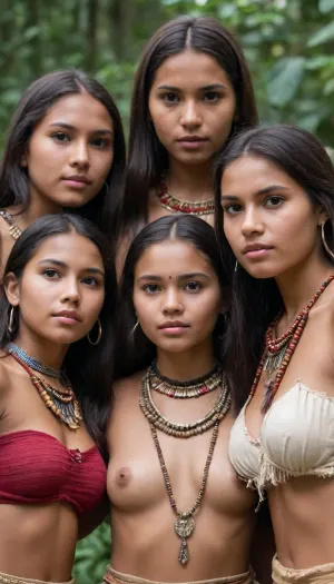 5 girls, chicas indigenas, chicas indigenas jovenes, un monton de chicas indigenas, tribu, años 1500, año 1400, indigenas, collar de huesos, 5 chicas indigenas, chicas indigenas de diferente edad, chicas jovenes, foto donde aparezcan todas las chicas, cuerpo completo, cuerpo completo de todas las chicas