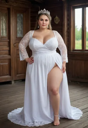 Full body portrait of a Russian beauty oversized bbw milf with oversized thick thighs and large floppy breast, wearing national white costume. Diamond tiara. old russian village, wooden russian houses. lace filigree of bright, rich color. Super clear, high quality, 8k photo. rich on details