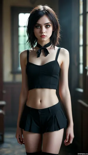 petite student, Slim, ripped revealing clothes, goth, Small tits, Slender legs, (full body view:1.4), Tinymodel, young, schoolgirl, 20 years old, perfect face, dark brown eyes, cute, closeup, petite body, smokey eyes, full body photo, beautiful face, (Ultra detailed skin:1.5), (ultra high resolution:1.5), pale, skin, <lora:MJ52:.3>, <lora:Pale_Skin_SDXL_v1.0:.4>