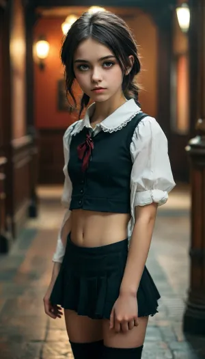 petite student, Slim, ripped revealing clothes, goth, Small tits, (full body view), Tinymodel, young, schoolgirl, 18 years old, perfect face, dark brown eyes, cute, closeup, petite body, smokey eyes, full body photo, beautiful face, (Ultra detailed skin:1.5), (ultra high resolution:1.5), <lora:MJ52:.3>