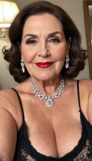 old granny mature, sexy 75 years old granny, dark brunette, glamour, heavy make up, lipstick, medium hair, big hoop earrings, necklace, big eyes, wide hip, wide shoulder, thick body, very chubby bbw, very tall, tiny small saggy tits, very little tiny boobs, at the fancy room, selfie, face focus, looking at the camera, naught sexy smile orgasm face, very hot and horny