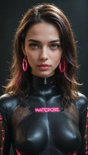 Futuristic woman, glowing light-medium skin, symmetrical face, sharp cheekbones, full glossy lips, long wavy black hair with pink neon highlights, holographic futuristic bodysuit, golden jewelry, Metaverse sci-fi fashion, cinematic lighting, hyper-realistic details.