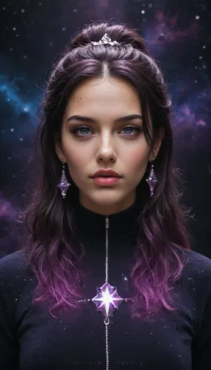 A Starseed Empress floating in deep space, wearing a crystalline robe and a cosmic crown made of orbiting planets. She stands atop a glowing Merkaba platform surrounded by sacred geometry, stardust, and galactic portals. Her eyes glow like stars. Background, violet nebula, cosmic fractals, divine starfield. Galactic feminine energy, celestial journal cover.