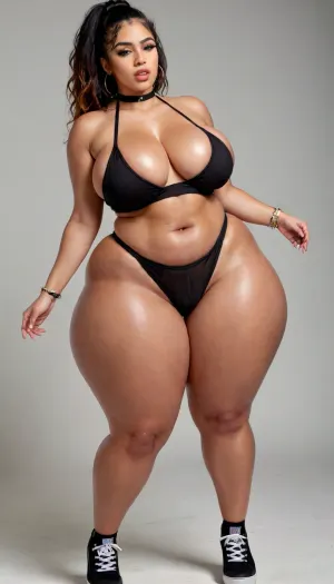 Standing, spreaded legs, oil portrait of a latina fat girl with big breasts, voluptuous ghetto hood rat style, cutoff denim s open in the front, low cut sheer black halter top, platform heel sneakers, golden choker, full body, massive lips, long haircut, simple background, dusky skin, detailed skin, cinematic, great shading, moody lighting, (by Hope Gangloff:1), flat, chest, gigantic, thighs, wide, thick, plump, belly, female, arms, extra, chubby, huge, big, hips, narrow, waist, n1kepr0, shorts, leggings, melanin, <lora:SDXL_MassiveCowsLoRA_v1:.9>, <lora:Venus_Body_Alpha:1>, <lora:BodyLicious:1>, <lora:203269_training_data:1>, <lora:melanin-XL:.8>