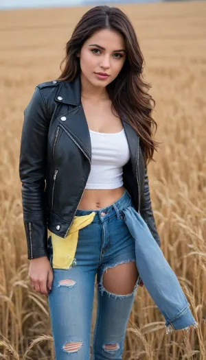 score_9, score_8_up, score_7_up, Full Body Shot, Belén Rodríguez, cute, seductive, innocent, (light smile:.3), plump lips, slender body, long, straight hair, wearing leather jacket and ripped jeans, picturesque, sharp, colorful, ultra blue and yellow, dim colors, wheat field background, 4n1v3rs3, depth of field, dynamic angle, fashion photography, (hyperdetailed:1.15)