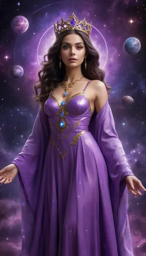 A Starseed Empress floating in deep space, wearing a crystalline robe and a cosmic crown made of orbiting planets. She stands atop a glowing Merkaba platform surrounded by sacred geometry, stardust, and galactic portals. Her eyes glow like stars. Background, violet nebula, cosmic fractals, divine starfield. Galactic feminine energy, celestial journal cover.
