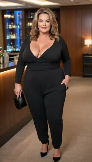 Women, 55 years old, milf, ssbbw figure, fupa, with oversized massive thick thighs and oversized wide hips. Natural floppy breast, braless under clothes. Tanned, tannlines. Seductive posing. Captivating light eyes. Dark blonde hair, hairlenght up to hips, straight hairstyle. In wide black jumpsuit, decollete. At a party in a modern luxury hotel bar.