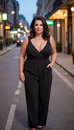 Women, 55 years old, milf, french, ssbbw figure, with oversized massive thick thighs and oversized wide hips. Natural floppy breast, braless under clothes. Tanned, tannlines. Seductive posing. Black hair, hairlenght up to hips, straight hairstyle. In wide jumpsuit, decollete. Night, city, street.