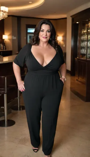 Women, 55 years old, milf, french, ssbbw figure, with oversized massive thick thighs and oversized wide hips. Natural floppy breast, braless under clothes. Tanned, tannlines. Seductive posing. Black hair, hairlenght up to hips, straight hairstyle. In wide jumpsuit, decollete. At a party in a modern luxury hotel bar.