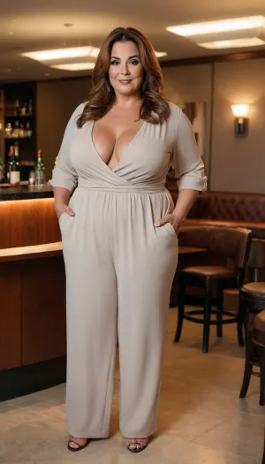 Women, 55 years old, milf, Armenian, ssbbw figure, fupa, with oversized massive thick thighs and oversized wide hips. Natural floppy breast, braless under clothes. Tanned, tannlines. Seductive posing. Auburn hair, hairlenght up to hips, straight hairstyle. In wide jumpsuit, decollete. At a party in a modern luxury hotel bar.