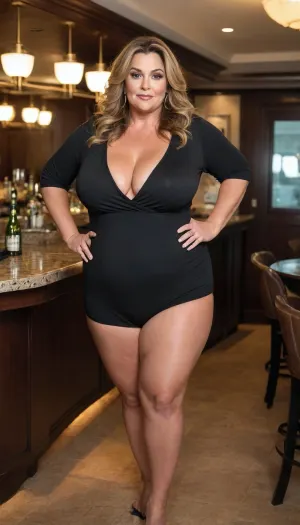 Women, 55 years old, milf, ssbbw figure, fupa, with oversized massive thick thighs and oversized wide hips. Natural floppy breast, braless under clothes. Tanned, tannlines. Seductive posing. Captivating light eyes. Dark blonde hair, hairlenght up to hips, straight hairstyle. In wide black jumpsuit, decollete. At a party in a modern luxury hotel bar. Walking, bottomheavy, big, ass, huge, gigantic, thick, thighs, massive, <lora:bottomheavy_v1_sdxl_tags:.8>
