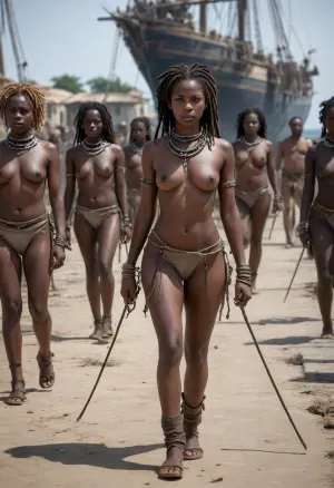 a real Masterpiece picture in color of naked african female slaves. They wear steel cuffs around their hands and ankles. The cuffs are connected with iron chains. They also wear iron chains around their necks. They walk in a row through a 18thcentury harbor. of a westafrican town. In front of them is an 18th century sailing ship on a pier. They look unsecure. White men in black military uniforms with canes watch them., (stately girl), (dreadlocks), (big hips), (sand), (professional shooting), (dirty makeup), (torn lingerie), (lion), (fetish), (choker), (bracelets), (dirt), (emo), (punk), (anime), A dark -skinned girl with dreadlocks and in combat coloring stands in the middle of the savannah and holds a spear in her hands