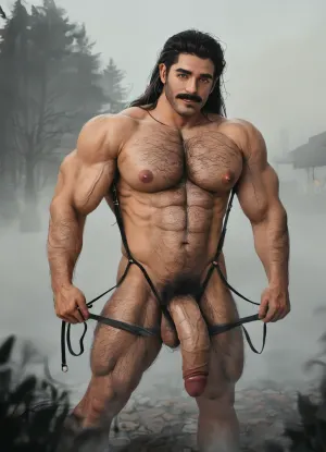 Masterpiece, realistic, solo gay daddy dilf male, (octane render:1.5), gay only, gay sex scene, men only, heavy fog, (fog:1.8), myst, (myst:1.5), sexy hot beefy hairy old dilf 70-years-old, wearing torn thong, pulling down to mid-ass thong golding his thong, learher suspenders, exhibiting, exhibition grandpa, (old:1.3), exhib hot, exposed himself, looking at the viewer, stands proudly full grey hair and beard, thick moustache, grey beard, grey hairy body, long hair, grey hair, large nipple, erect nipple, hrd, big pecs, big fat flaccid cock pulled down, big balls, (big muscles:1.5), excessive hairy chest legs and balls, (hairy body:1.7), big booty, (big pecs:1.5), (big flaccid cock:1.4), big tits gay hot attitude, teasing daddy male gay, arrogant smile, 3/4 view, back view
