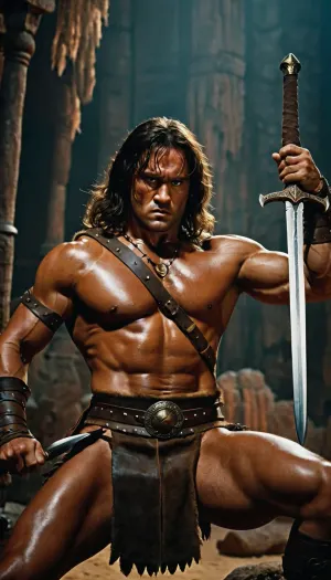 uber realistic image, fullcolor image, full body view, 8K quality, ultra detailed, masterpiece, Conan the Barbarian, swinging his sword.