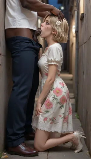 (Interracial), A 20-year-old thin woman in a short floral Summer dress gives a deepthroat blowjob to a clothed man in a dark alley, ((clothed man)), ((pants pulled down)), it's night outside, She's on her knees, throat blowjob, used, worn out, arms limp, legs limp, full-length shot, ruined makeup, blonde short hair, tears from the eyes, cum on face, cum in hair, cum in mouth, face turned away, dressed in a skirt and blouse, lace panties, stockings, high heels, after sex, pleading eyes, impregnation, impregnation insert, fertilization, large cock, <lora:makimacm44:1>, <lora:EnvyZoomSliderXL01:1>