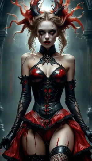 extravagant, (vampire style, dark persona, alice in wonderland style:1), (Alice, long blonde hair:1.2), (gothic vampire wonderland extravagant dress:1.2), (latex gloves, extravagant multilayered dress:1), (extravagant shiny glossy translucent clothing, gleaming oily latex fabric:1.1), bloodlight, (gothic boots, fishnet stockings:1.2), (many frills, big bow, lace:1.3), (glossy blood-red lipstick, eyeshadow, extravagant mascara, dark makeup:1.2), (blood, open mouth with vampire fangs, bloody hands, bloody dress:1.1), (huge round boobs:1.3), (wide cameltoe:1.3), (round huge ass:1.3), (ultra slim waist:1.6), young face, (realistic sweat skin), sexy expression, cum dripping, (high resolution:1), (extreme detail:1.3), ((HDRI:1.4)), (ultra realism:1.4), (maximum detailed skin:1.4), (((narrow waist))), DonM3v1lM4dn355XL, <lora:MJ52:.7>, <lora:DonM3v1lM4dn355XL-v1.1-000012:.3>, <lora:mythsxl:.2>, <lora:Creat0r_MagicDetailzV2_FIX:.6>, <lora:FF-WoMM-XL-FA-v0208-TE:2>