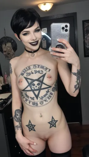 La sirène satanique : une beauté gothique dans le salon de coiffure - une étude de l'ultra réalisme

- Oui.

Dans le barbier peu éclairé, une beauté gothique frappante est restée immobile, posant nu avec ses mains délicates tenant un rasoir droit. Sa silhouette mince était ornée de tatouages satanistes complexes: pentagrammes, crânes, mots de l'occultisme, chacun méticuleusement conçu dans des détails ultra-réalistes. Un choker noir se cognait le cou, et ses bras minces portaient des piercings qui brillaient contre sa peau pâle parfaite. Ses cheveux coupés en pixie noir ont encadré son visage, contrastant avec ses lèvres rouge vif enduites de rouge à lèvres noir épais. Malgré le cadre provocateur, elle portait un petit sourire, sachant révéler ses dents parfaitement alignées.