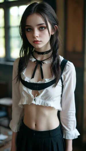 A gothic schoolgirl's entrancing beauty: a full body closeup reveals youthful elegance