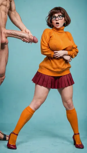 velma dinkley getting fucked violently by a big dick man, wearing thigh high socks and a orange turtleneck thats been pulled up to reveal her breasts, shocked and facial expression, big rounded and heavy tits, open mouth, velma dinkley, full body view