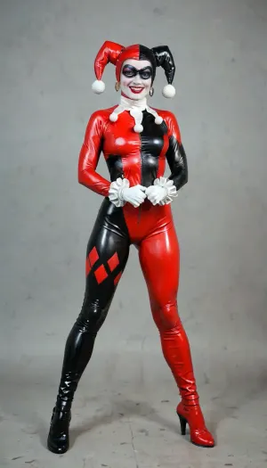 Harley Quinn in her classic latex jester costume, Harley Quinn from Batman, full body suit, black and red Harley Quinn suit, grey background, full body view