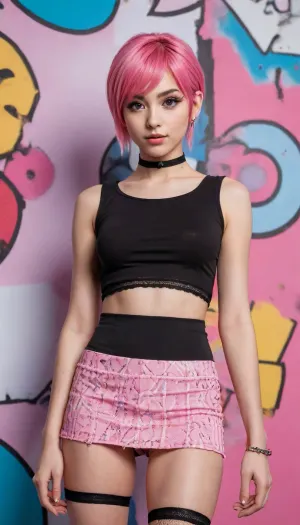 Hyperrealistic studio photograph of a stylized 18-year-old woman, inspired by contemporary anime aesthetics, with a vibrant and bold pop art atmosphere. The image was carefully crafted in a professional studio.
The model has short pastel pink hair, fair skin, and large eyes of an intense pink hue, an atypical and striking color achieved through special contact lenses. This detail is essential to enhance her anime appearance and should be clearly visible in the image.
She strikes a sensual and playful pose, leaning slightly to the side, with a teasing smile and direct eye contact with the viewer. Her left hand forms a peace sign near her right eye, while her right hand rests on her hip, accentuating the curve of her waist.
A very short, sleeveless black top with a neon pink graphic design. It hugs the chest and exposes the abdomen. Extremely short, high-cut, pleated pink miniskirt that reveals the fishnet stockings she's wearing underneath. Thigh-high black fishnet stockings paired with opaque black ankle-length stockings. Black choker with a metal hoop in the center. Several bracelets of various styles, (metal, beaded, woven), and small, dark circular earrings.
The image was taken in front of a white cyclorama wall decorated with digital graffiti in pink, black, and white, including abstract shapes, curved lines, and pop-style typography. The background complements the model's style and personality.