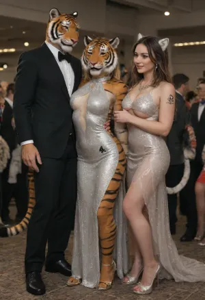 (anthro tiger girl:2), A vibrant, crowded night party in a luxurious Tehran venue, ((Underboob dress)), Underboob, (((qos tattoo))), (((black spades tattoo))), girls in deferent super slutty dress, filled with young Iranian men and Sexy iranian women dancing and celebrating joyfully. The atmosphere is lively and glamorous, with colorful party lights and a modern, upscale indoor setting. Everyone is dressed in stunning, sexy, and elegant party outfits, (((women in sparkling sheer Micro dresses))), sleek gowns with bold cuts, and high heels, men in stylish suits or trendy party attire. The scene captures energy, fun, and romance, with couples flirting, friends laughing, and the dance floor buzzing with movement. Background includes subtle Tehran skyline elements visible through large windows, adding a touch of urban sophistication. Cinematic lighting, warm tones, and a festive mood dominate the image.