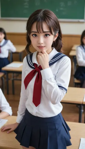 score_9, score_8_up, score_7_up, source_anime, 1girl, solo focused, cute face, cover page, smile, opened mouth, question mark bubble, small breast, clothed, classroom, student uniform, sailor uniform, skirt lift, black panties