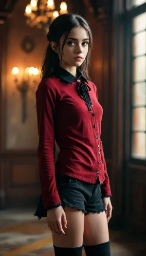 petite student, Black and Dark red clothes, Slim, ripped revealing clothes, goth, Small tits, Slender legs, (full body view:1.4), Tinymodel, young, schoolgirl, 20 years old, perfect face, dark brown eyes, cute, closeup, petite body, smokey eyes, full body photo, beautiful face, (Ultra detailed skin:1.5), (ultra high resolution:1.5), <lora:MJ52:.3>