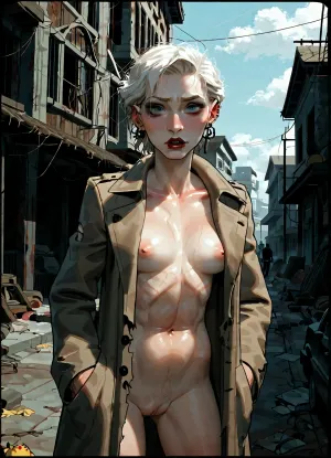 nude goth chick, ripped trench coat, flashing nude body, abandoned streets, late-90s cyberpunk hentai, hentai colour palette, gritty texture brushes, sharp inks, emotive character focus, destructive urban decay, atmosphere heavy, hentai screencap, incase, style, <lora:287175_training_data:1.1>